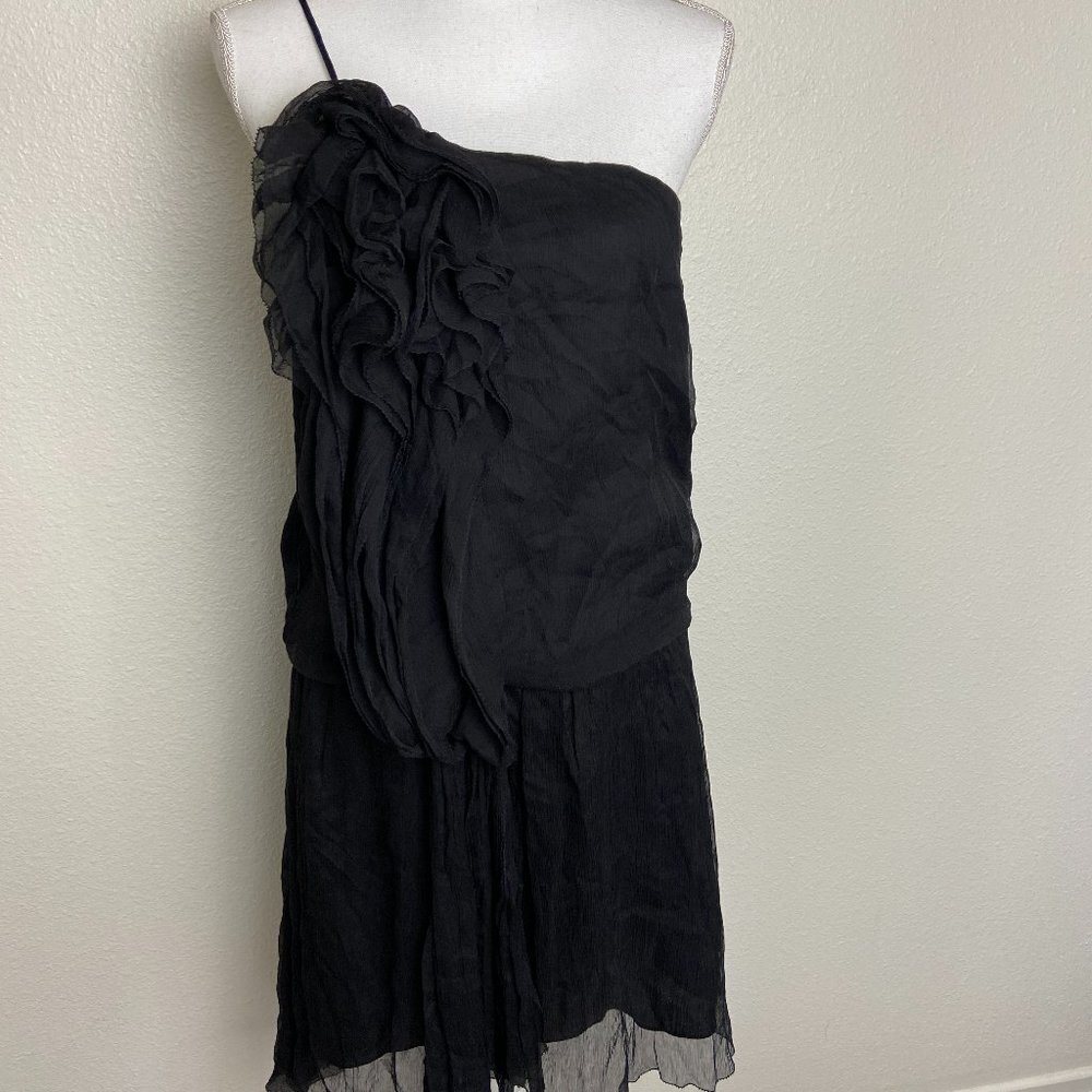 Leon Max Black Silk Dress One Shoulder Ruffled Evening Party Cocktail